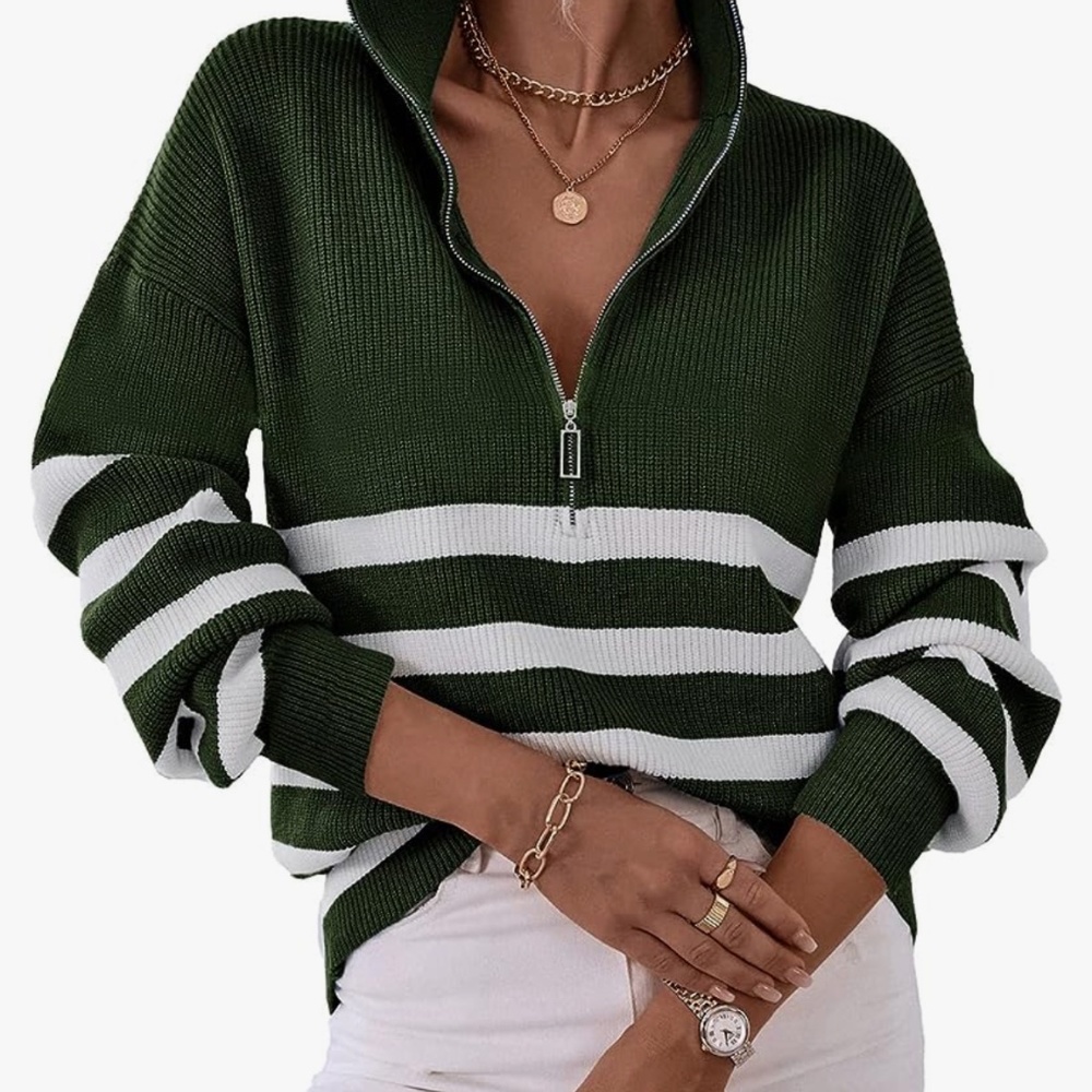 BTFBM Quarter Zip Sweater Women’s XL - Olive Green and White striped pullover